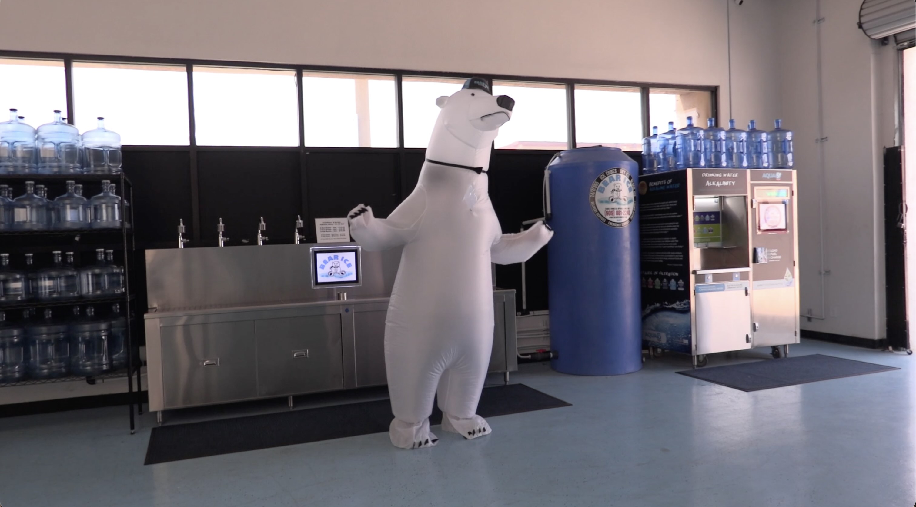 Corporate video image featuring brand mascot employee wearing plastic polar bear suit with baseball cap dancing inside store