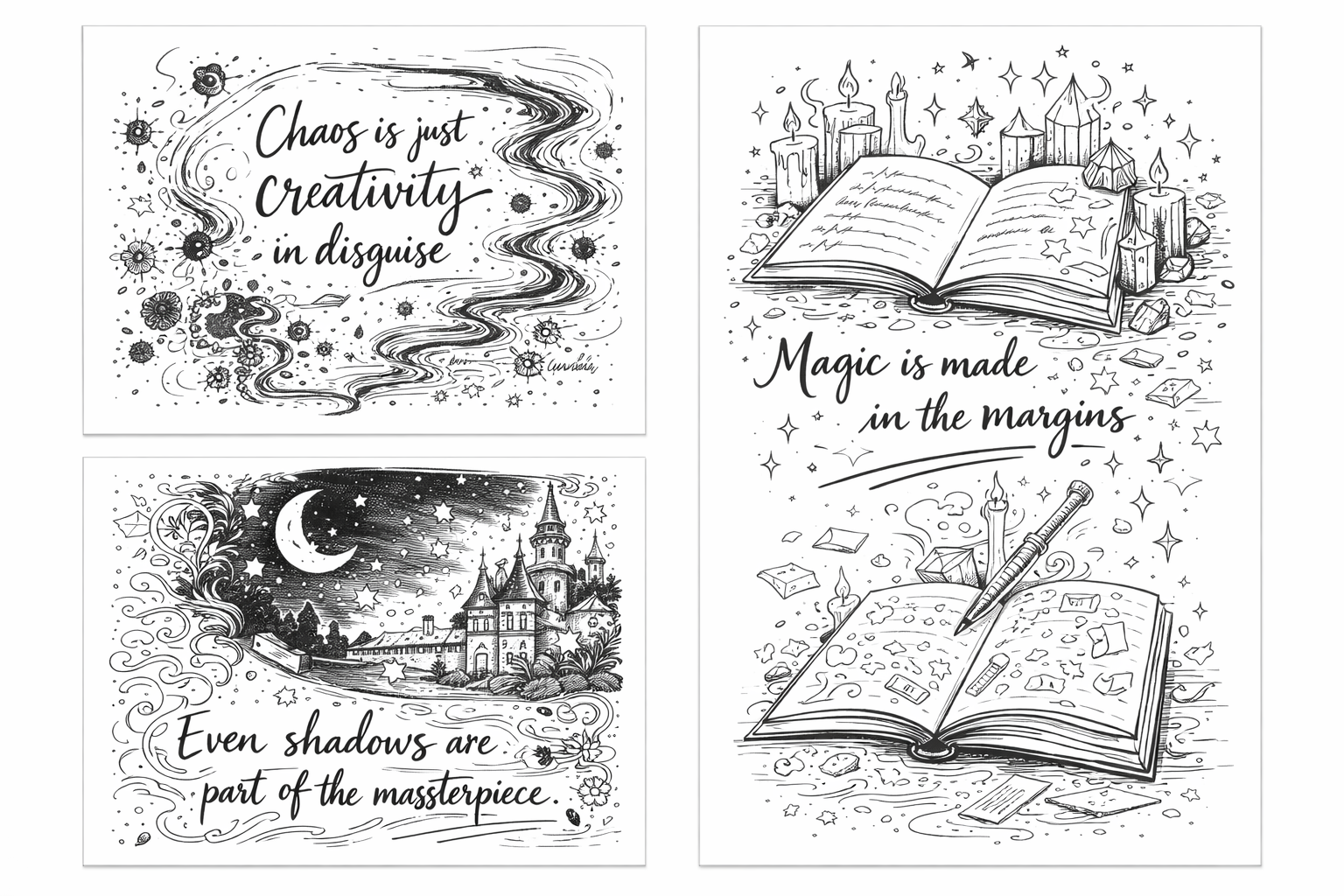 Concept sketches for adult coloring pages exploring visual narrative design and inspiring quotes