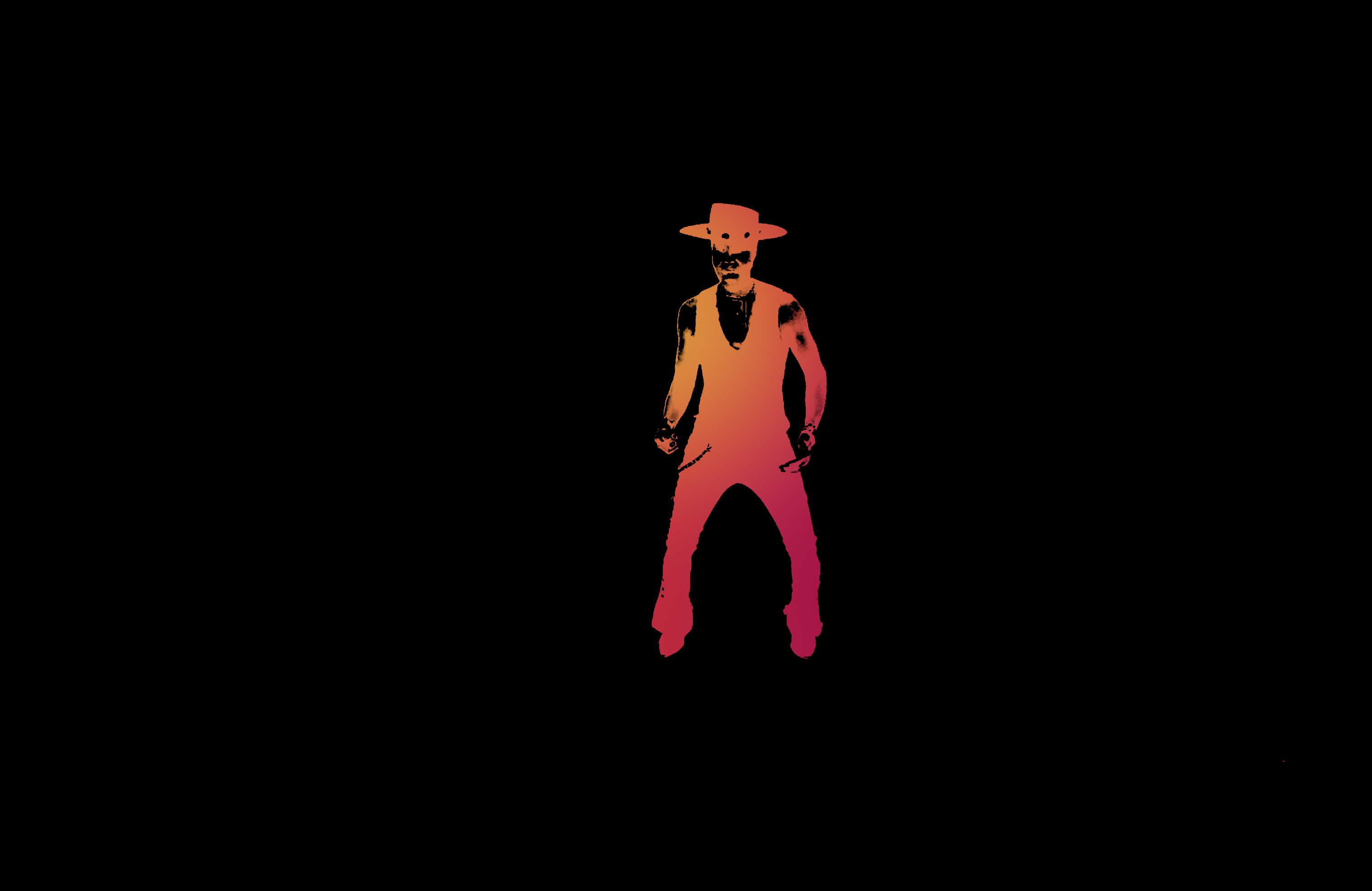 Minimal cinematic figure illuminated against dark black background in surreal neon tones