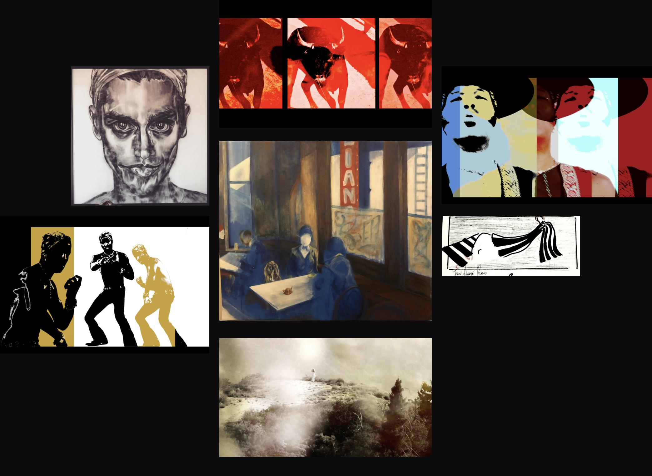 Experimental cinematic artwork collage featuring layered visual storytelling and character imagery