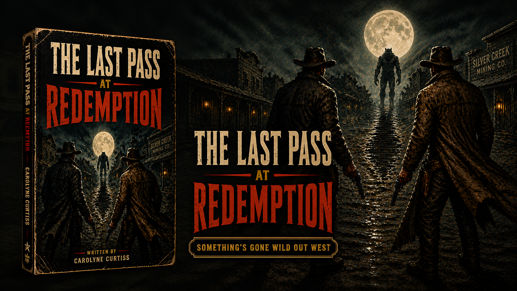 Cinematic western key art for The Last Pass at Redemption featuring shadowed figures in a ghost town landscape