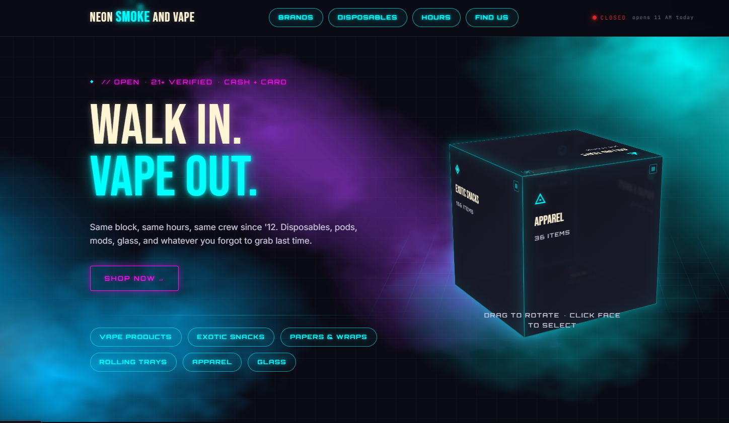 A Seen Retail custom website design — the Neon Smoke and Vape template