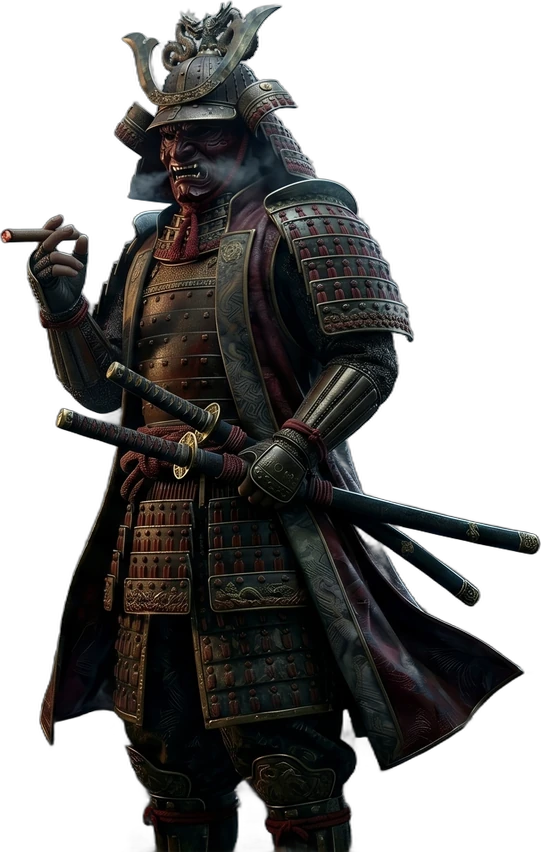 Armored samurai standing on temple steps at dusk