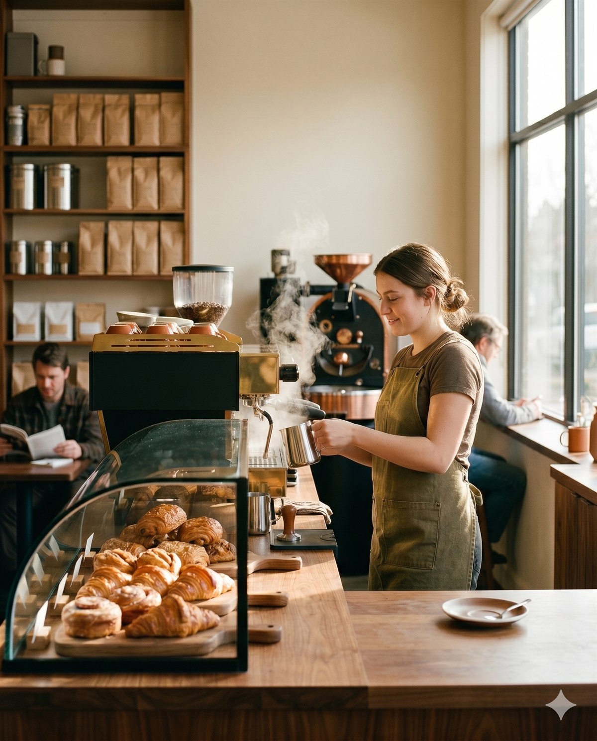 Barista steaming milk at the espresso machine inside Sunny's Coffee Roasters, pastry case and morning light in frame