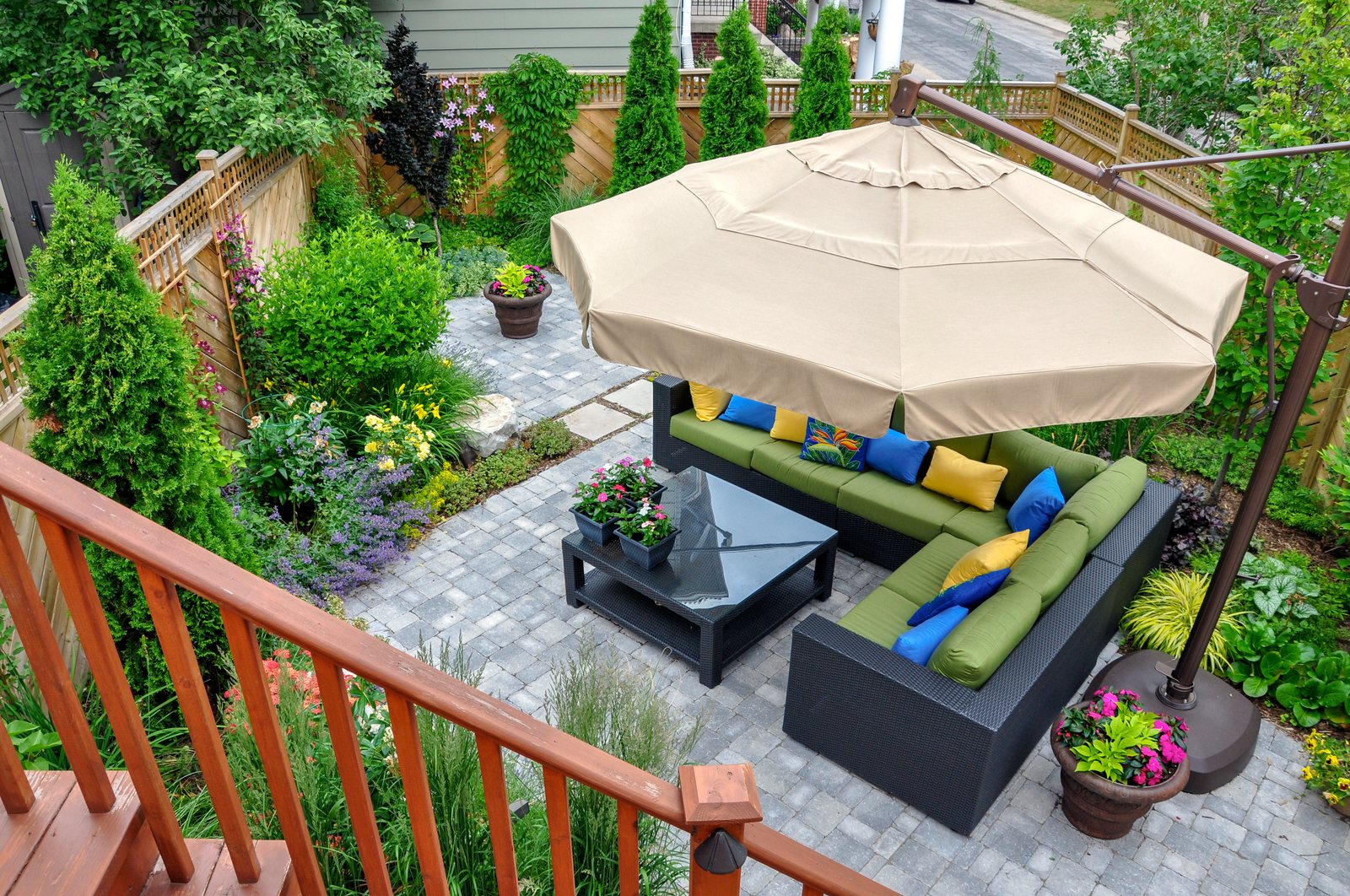 A finished backyard patio and garden