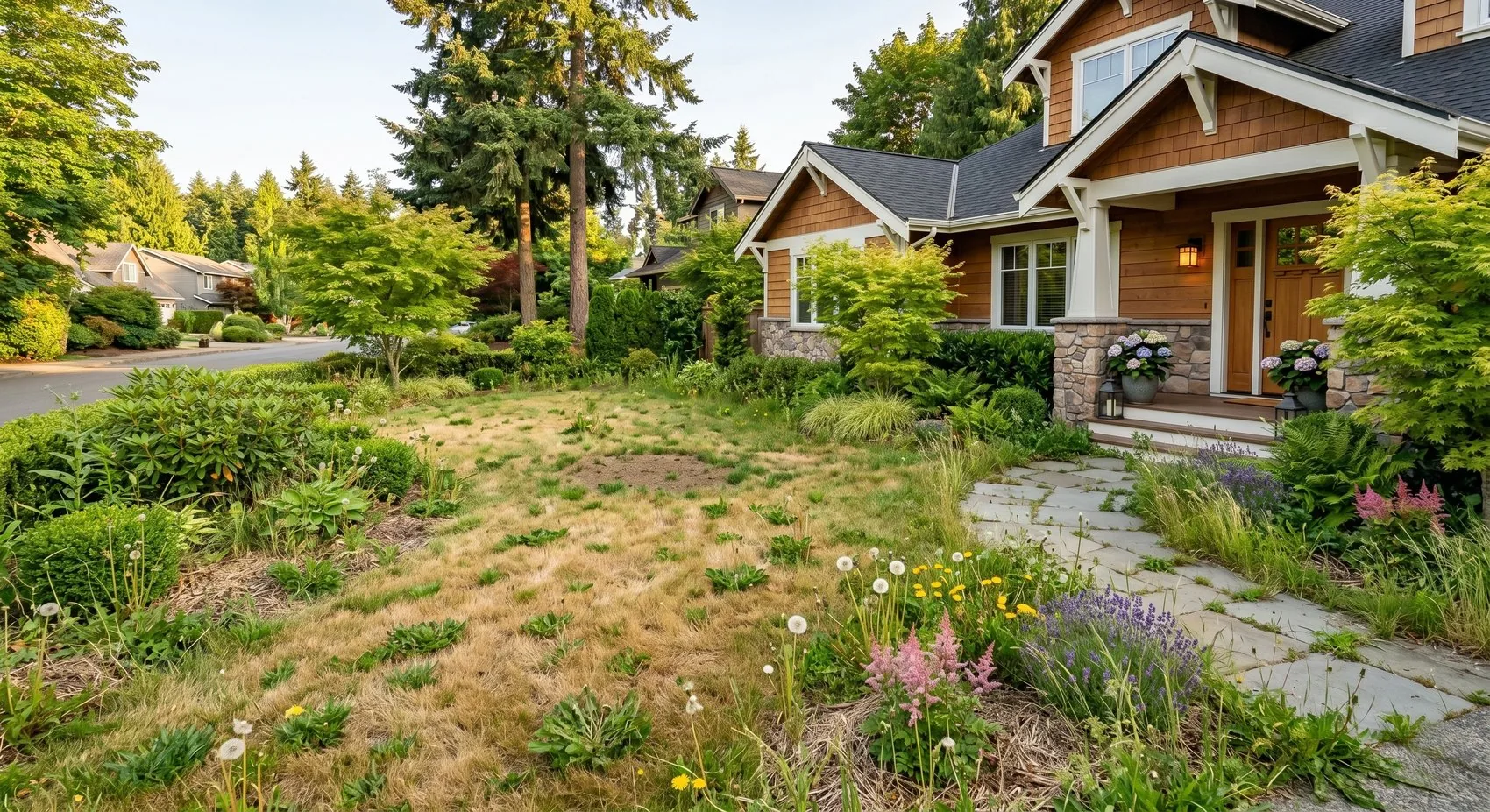 A tired, overgrown front yard before Stonerow