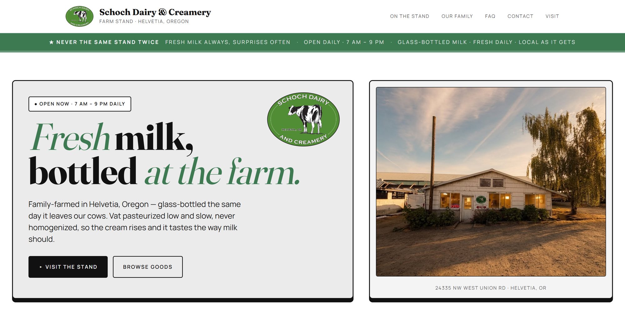 Schoch Dairy & Creamery homepage, a live website built by Seen Retail for a family farm stand in Helvetia, Oregon