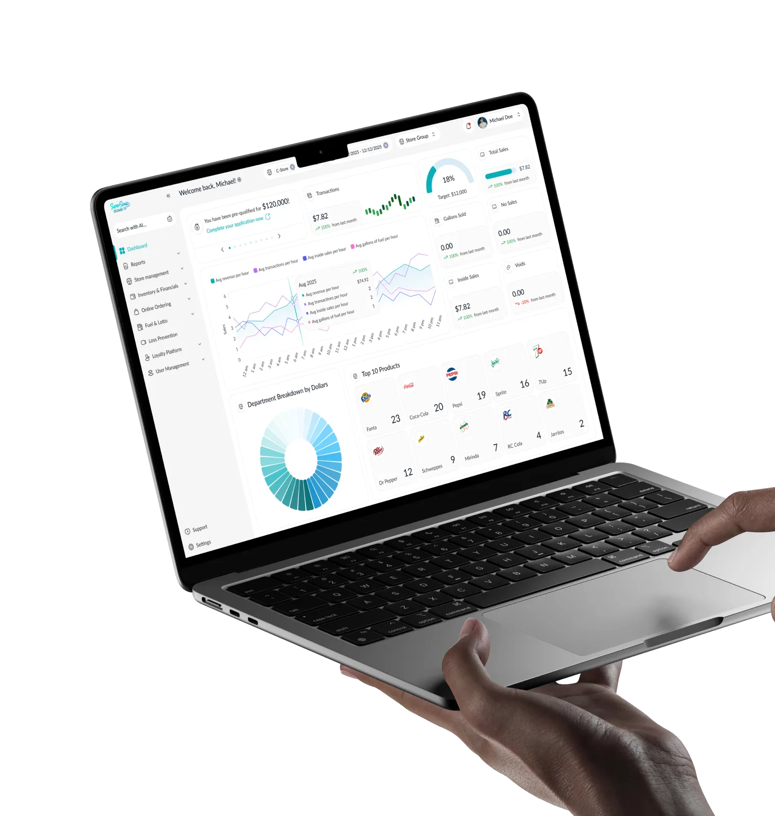 Hands holding a laptop showing the SuperSonic POS cloud dashboard with sales analytics
