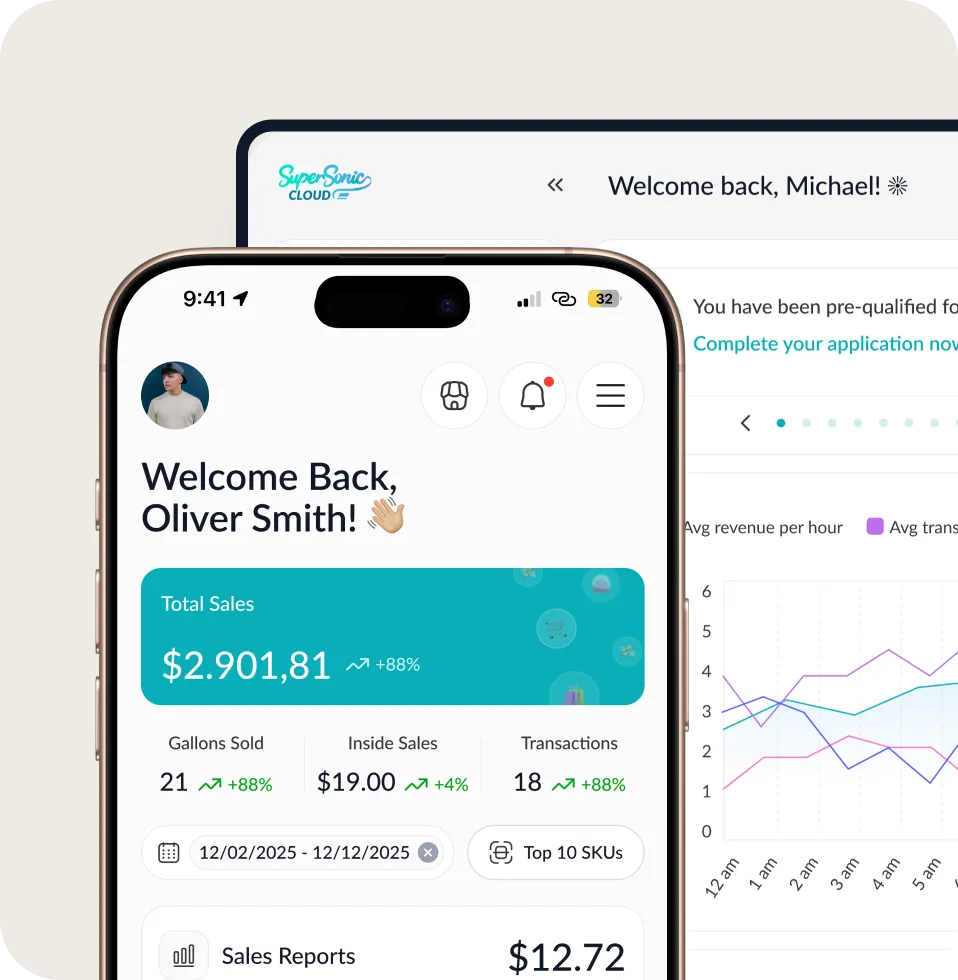 SuperSonic Cloud POS mobile app showing a sales dashboard with total sales, transactions and a revenue chart