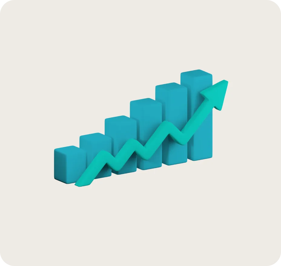 3D bar chart with an upward-trending green growth arrow