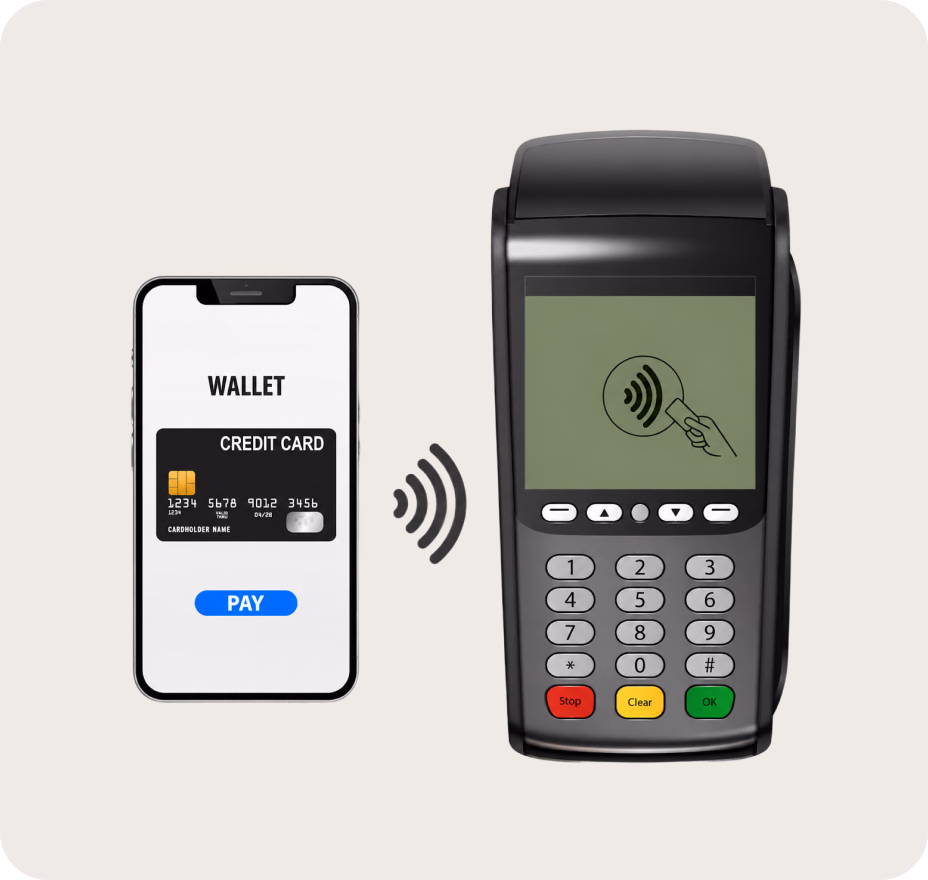 Smartphone wallet tapping a card terminal to pay