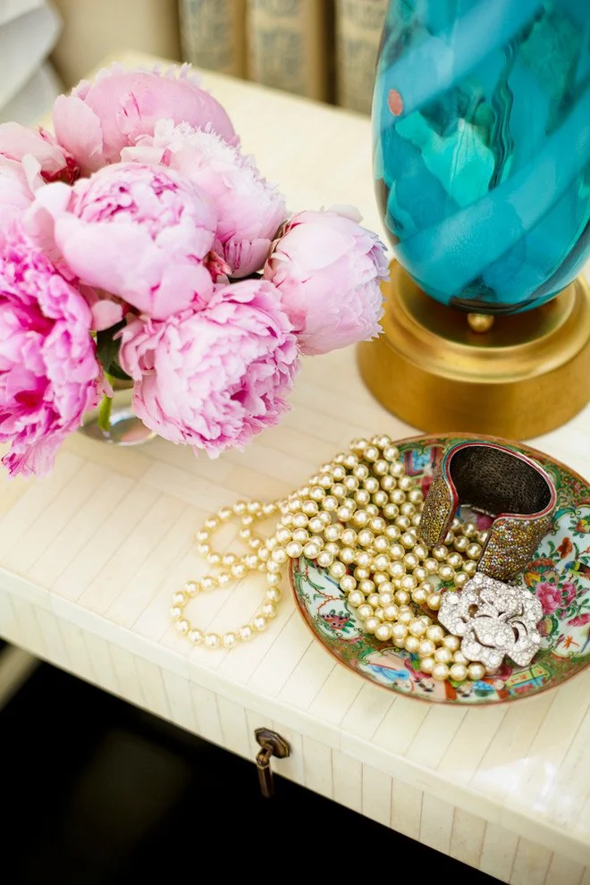 Dining vignette with roses, pastels, and chinoiserie from a 1960s DC townhouse