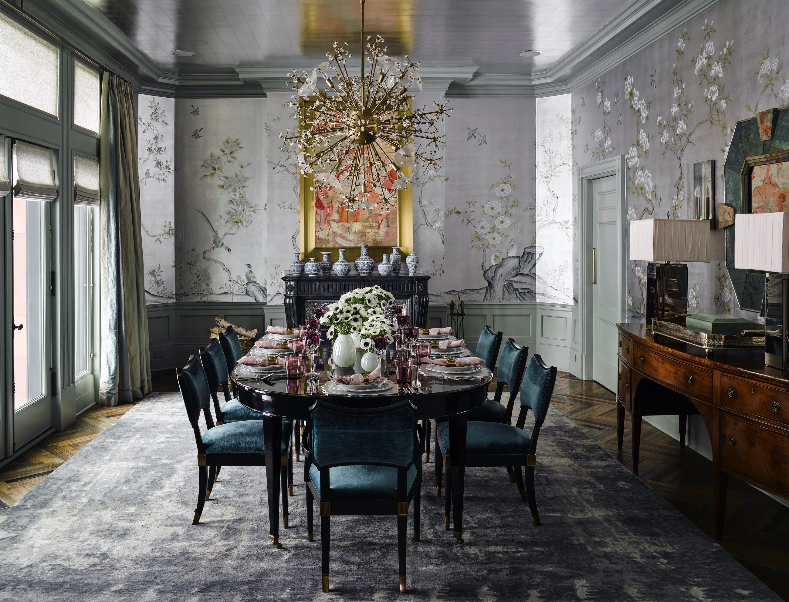 Chinoiserie dining room with teal velvet chairs