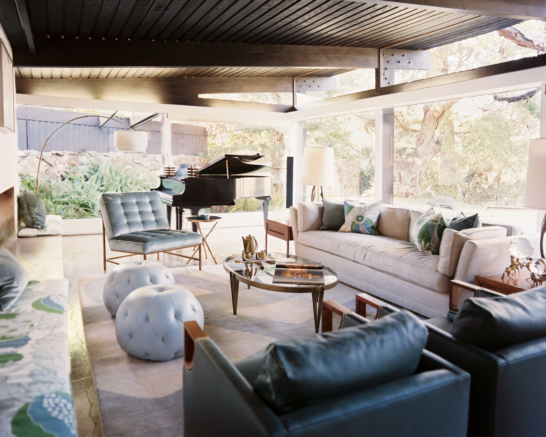 Midcentury Modern Retreat open-beam living room by Hillary Thomas