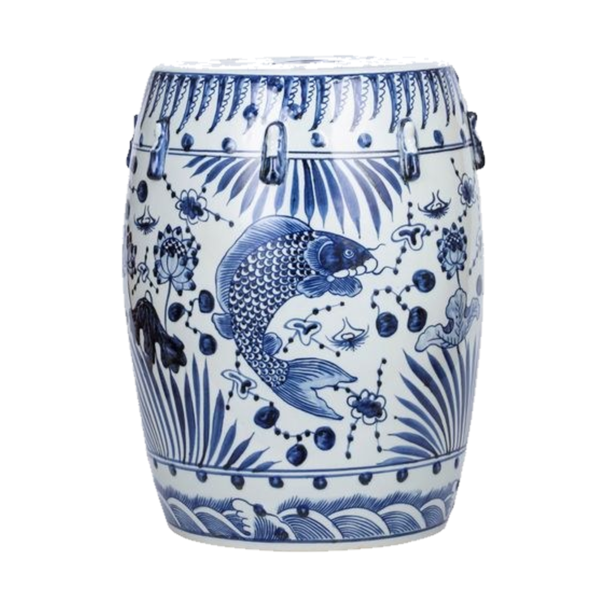 Blue and white fish garden stool
