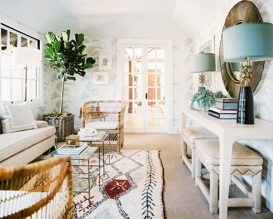 Napa Valley Showhouse sunroom with rattan chairs and fern wallpaper by Hillary Thomas