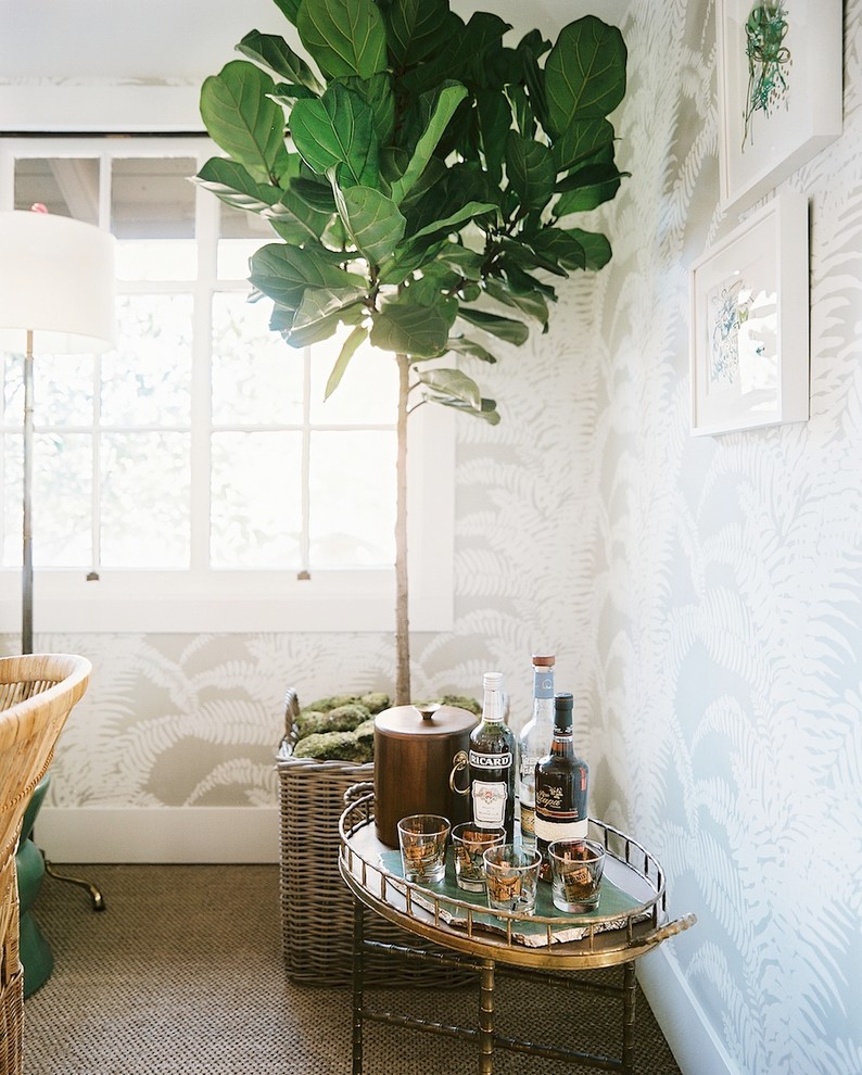 Napa Valley Showhouse corner with fiddle leaf fig and brass bar cart by Hillary Thomas
