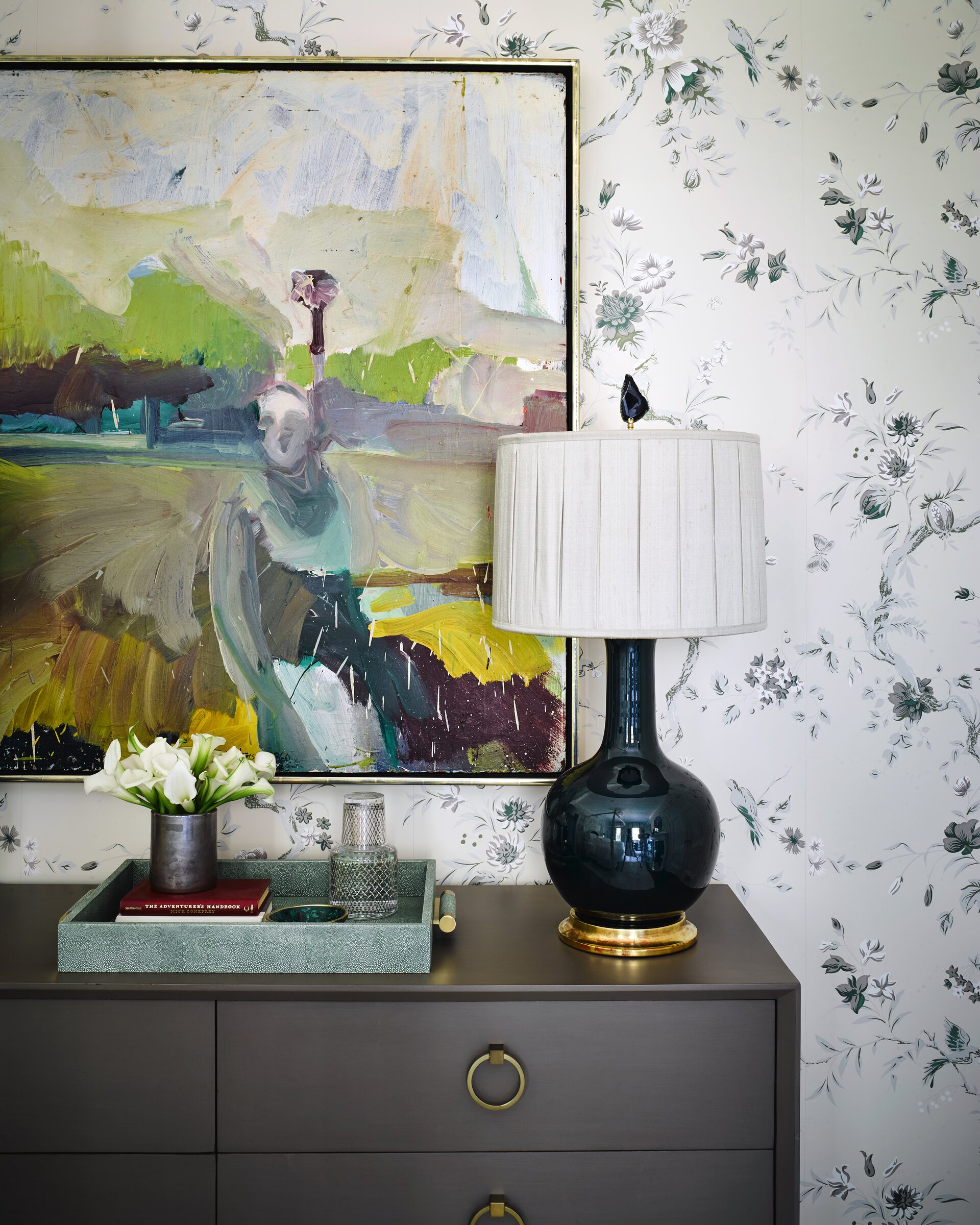 San Francisco Tudor guest bedroom vignette with abstract painting by Hillary Thomas