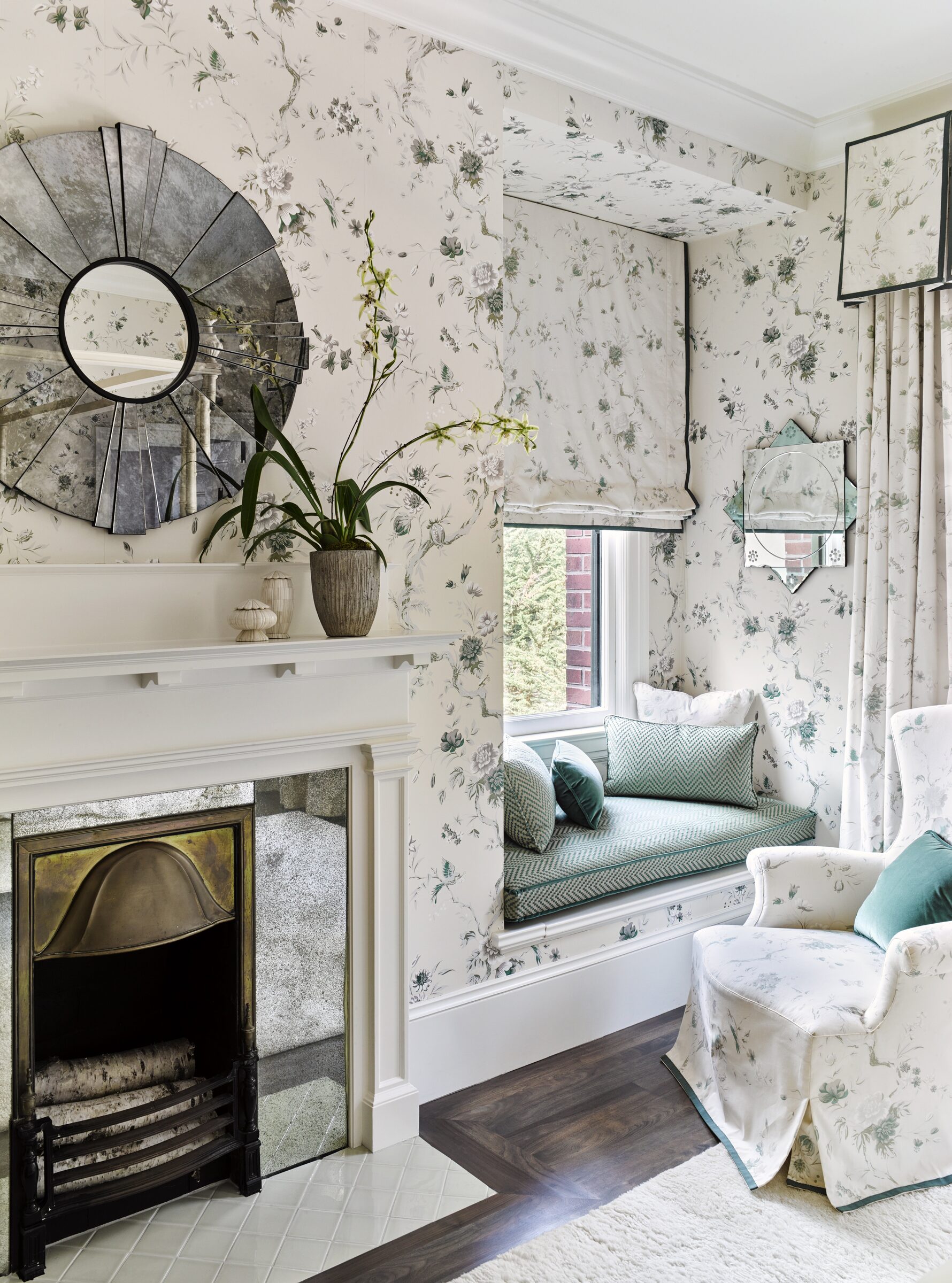 San Francisco Tudor guest bedroom with window seat and fireplace by Hillary Thomas