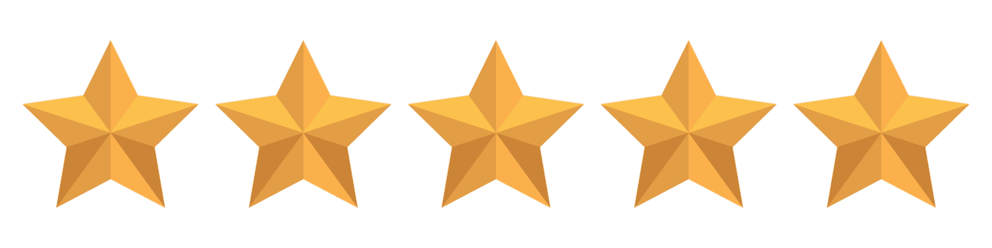 Five golden stars in a row representing a five-star rating.