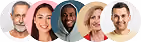 Group of five diverse smiling adults posing against a white background, including an older man, a young woman, a man with a hoodie, another woman, and a man with a beard.
