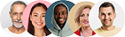 Group of five diverse smiling adults posing against a white background, including an older man, a young woman, a man with a hoodie, another woman, and a man with a beard.