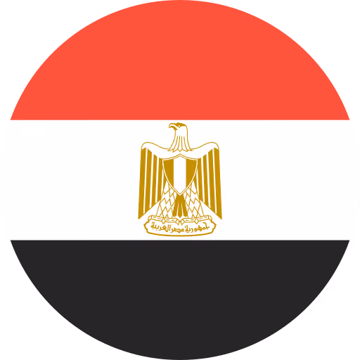 Round Egypt flag with horizontal red, white, and black stripes and a gold eagle emblem in the center.