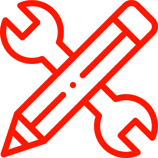Red outline icon of a pencil crossed with a wrench.