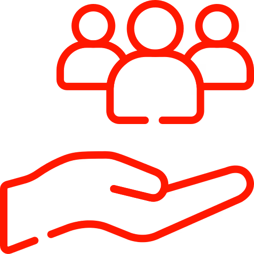 Red outline of an open hand supporting three people icons above it.