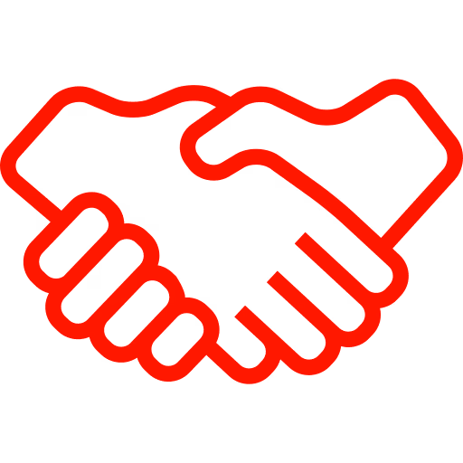 Red outline icon of two hands shaking in a handshake gesture.