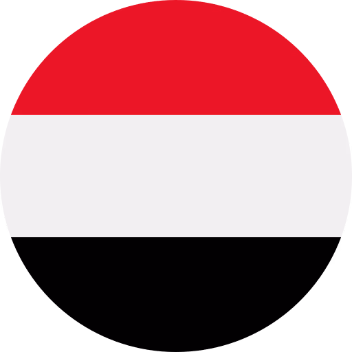 Circular Yemen flag with horizontal red, white, and black stripes.