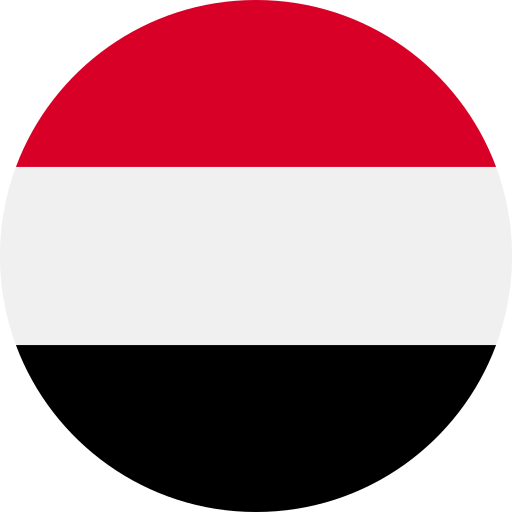 Circular Yemen flag with horizontal red, white, and black stripes.
