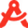 Red cartoon character with a mischievous face and legs, resembling a stylized letter A.