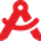 Red cartoon character with a mischievous face and legs, resembling a stylized letter A.