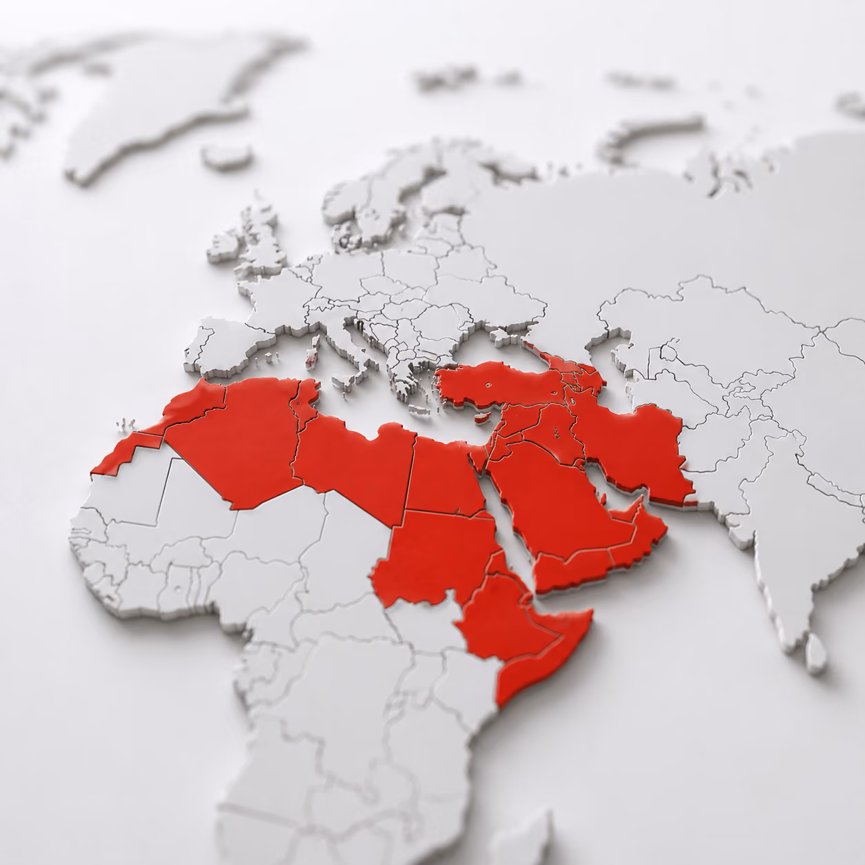3D map highlighting MENA region countries in red across North Africa and the Middle East.