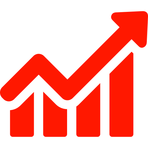 Red bar chart with upward trending arrow symbolizing growth or increase.