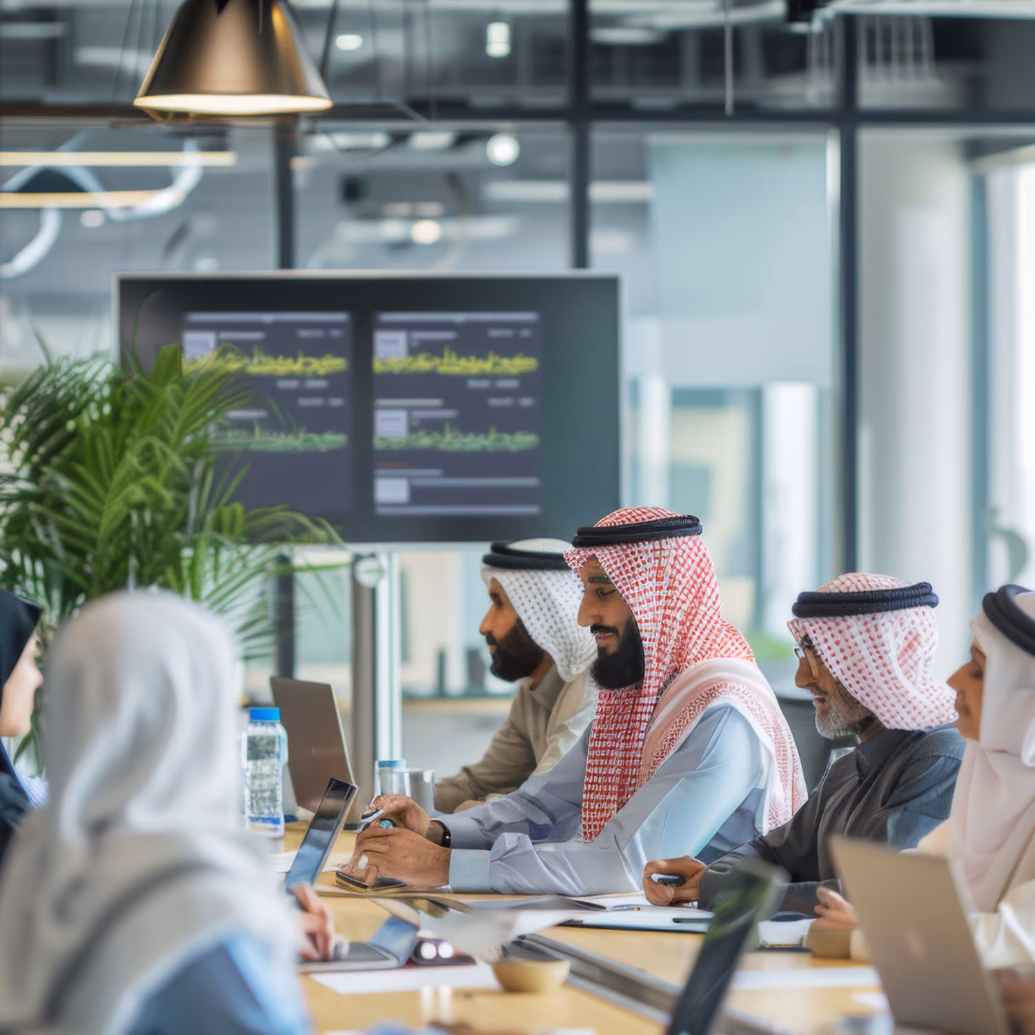 Group of Arab men and women in traditional dress having a business meeting in a modern office.