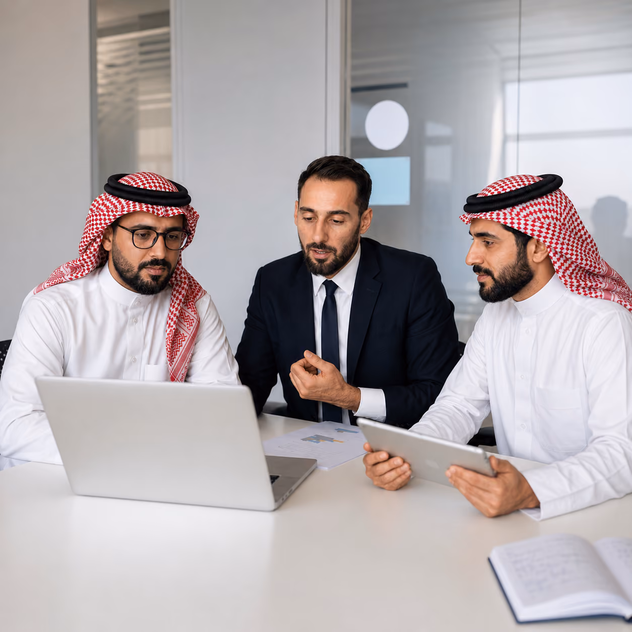 Three men in a meeting, two in traditional attire and one in a suit, using a laptop and tablet.