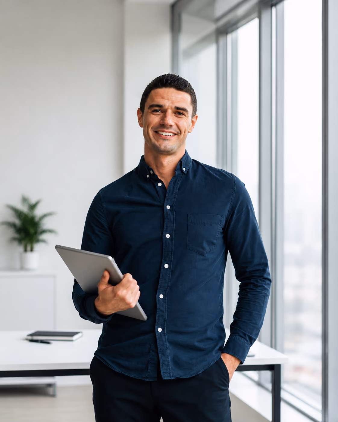 Smiling man in dark shirt holding a tablet, standing in a bright office with large windows.