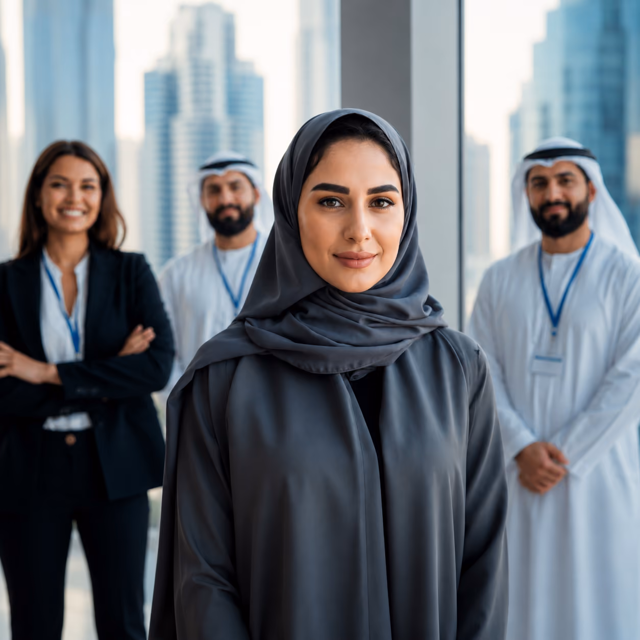 Confident businesswoman in hijab with a diverse team standing in a modern office with city skyline.