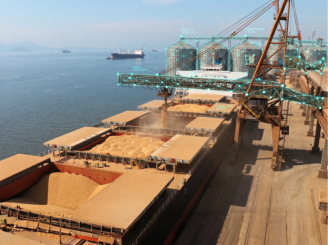 A shot of a massive maritime bulk agricultural loading dock, actively loading bulk soy into a bulk carrier vessel using large grain silos and conveyor belt systems. Strictly no shipping containers. Color grading: clear daylight with warm natural sunlight, rich realistic earthy tones. A glowing cyan/teal low-poly geometric mesh network with bright circular nodes at the intersections gracefully hugs the physical surfaces of the silos and ship deck, perfectly matching the visual style of a digital crop field overlay. Use a high-angle perspective looking down at the scene. Strictly DO NOT add any artificial blurred bars, frosted glass effects, shaded boxes, flat black walls, or floating HUD shields. Place the cyan/teal mesh strictly in the upper half of the image. High-tech, authoritative, 4:3 aspect ratio.