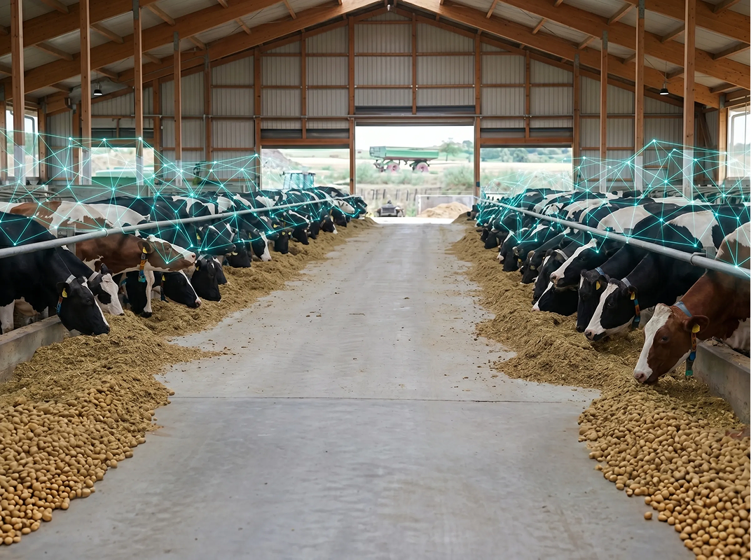 A shot of a realistic, working European livestock feedlot or dairy farm, focusing on high-quality soy meal feed in the foreground. Color grading: clear daylight with warm natural sunlight, rich realistic earthy tones. A glowing cyan/teal low-poly geometric mesh network with bright circular nodes at the intersections gracefully hugs the physical surface of the soy feed in the troughs, perfectly matching the visual style of a digital crop field overlay. Ensure the bottom 30% of the image naturally consists of plain, uncluttered physical elements (like an empty barn floor or the plain lower section of a feed trough) without any glowing text or digital elements, to allow white website text to be easily readable. Strictly DO NOT add any artificial blurred bars, frosted glass effects, shaded boxes, floating HUD shields, watermarks, or mock web addresses. Place the cyan/teal mesh strictly in the upper half of the image. Authentic, working agricultural aesthetic, 4:3 aspect ratio.