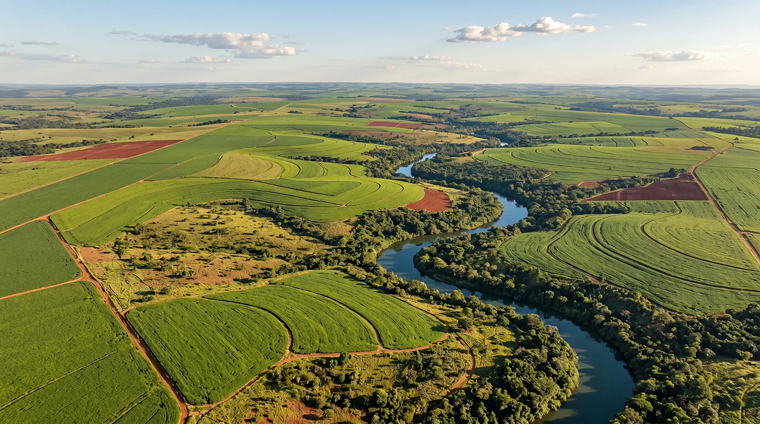 A sweeping, high-altitude aerial photograph of a vast, unblemished agricultural landscape in the Brazilian Cerrado. The scene is a pure physical landscape, containing absolutely no human structures, people, or vehicles. A prominent, deeply meandering river snakes through expansive fields. The field patterns are intricate and diverse, featuring varied patches of lush, mature green soybean plants. The perspective is high above, looking down across the monumental scale of the fields to a distant, rolling horizon. The composition is detailed and high-resolution, focused entirely on the natural and agricultural textures. 16:9 aspect ratio.