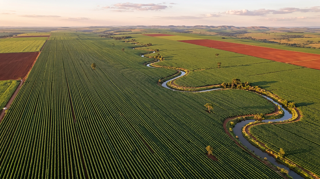 A vast, sweeping aerial photograph of a large-scale agricultural landscape in the Brazilian Cerrado, taken at golden hour. The dominant feature is countless, perfectly parallel rows of lush, mature green soybean plants stretching to the horizon, creating intricate and clean textures across the vast fields. A sharply meandering river winds elegantly through the center, bordered by dense strips of native riparian forest (Matas de Galeria). Interspersed are large rectangular blocks of rich, red 'terra roxa' fallow soil. A few solitary native Cerrado trees (Araucaria angustifolia, scrub) are sparsely positioned among the soybean rows. The background features rolling hills on the distant horizon under a soft, partly cloudy sky with warm sunset hues of golden-pink. The low-angle sunlight emphasizes the field textures and the river's path, casting long, soft shadows. The overall composition is clean and focused, capturing the contrast between geometric agriculture and natural water features. Highly detailed, 16:9 aspect ratio.