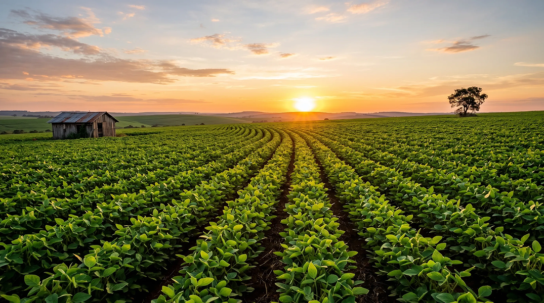 A photorealistic, low-angle landscape photograph of a vast, lush green soybean field in the Brazilian Cerrado during golden hour at sunset. The vibrant, mature soybean plants fill the entire foreground and midground, planted in gently curving, continuous rows that stretch seamlessly toward the horizon. In the midground on the far left, there is a small, rustic wooden agricultural shack. On the far right horizon, a single, distinctive tree stands alone against the sky. The setting sun rests exactly on the distant rolling horizon, casting a warm, glowing amber light over the bright green leaves and creating deep, contrasting shadows between the rows. The sky above features a beautiful, soft sunset gradient of blues, pinks, oranges, and yellows with light, scattered clouds. High resolution, detailed agricultural textures, 16:9 aspect ratio.