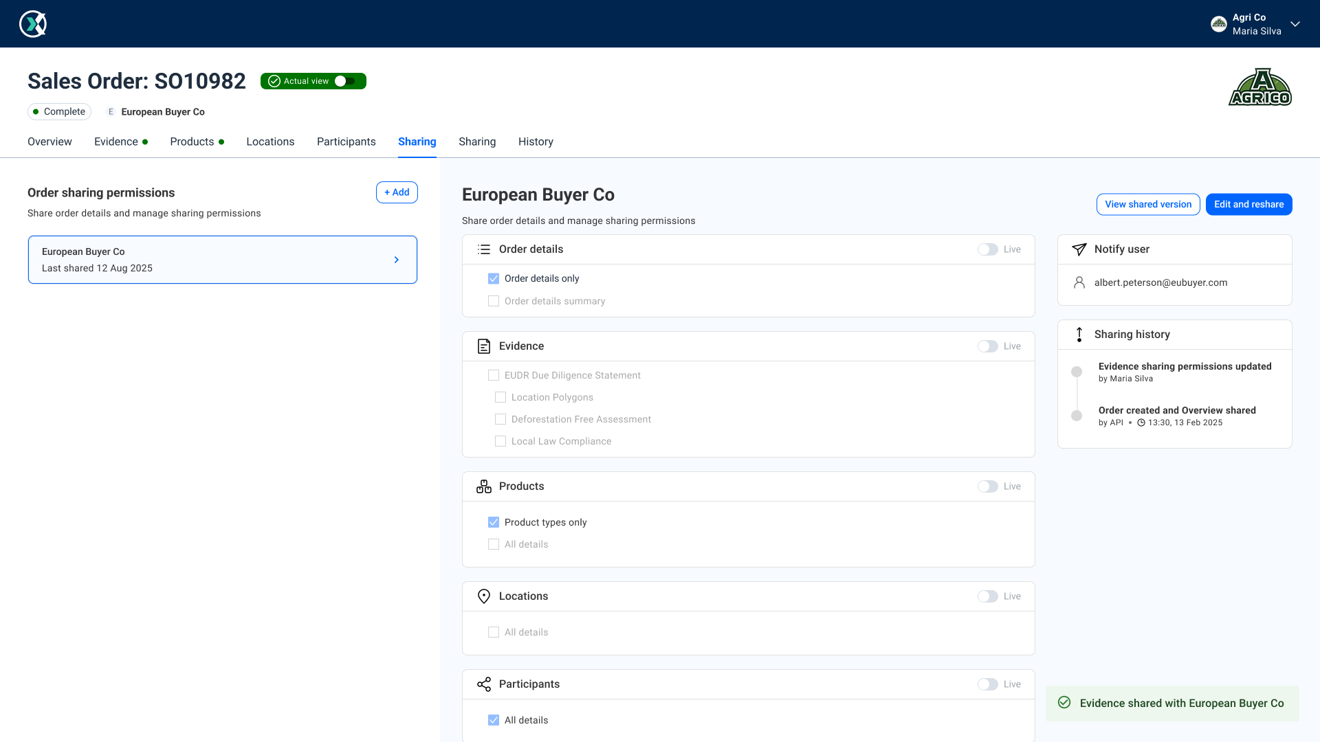 Screenshot of OriginsNext Order Sharing and permissions settings.