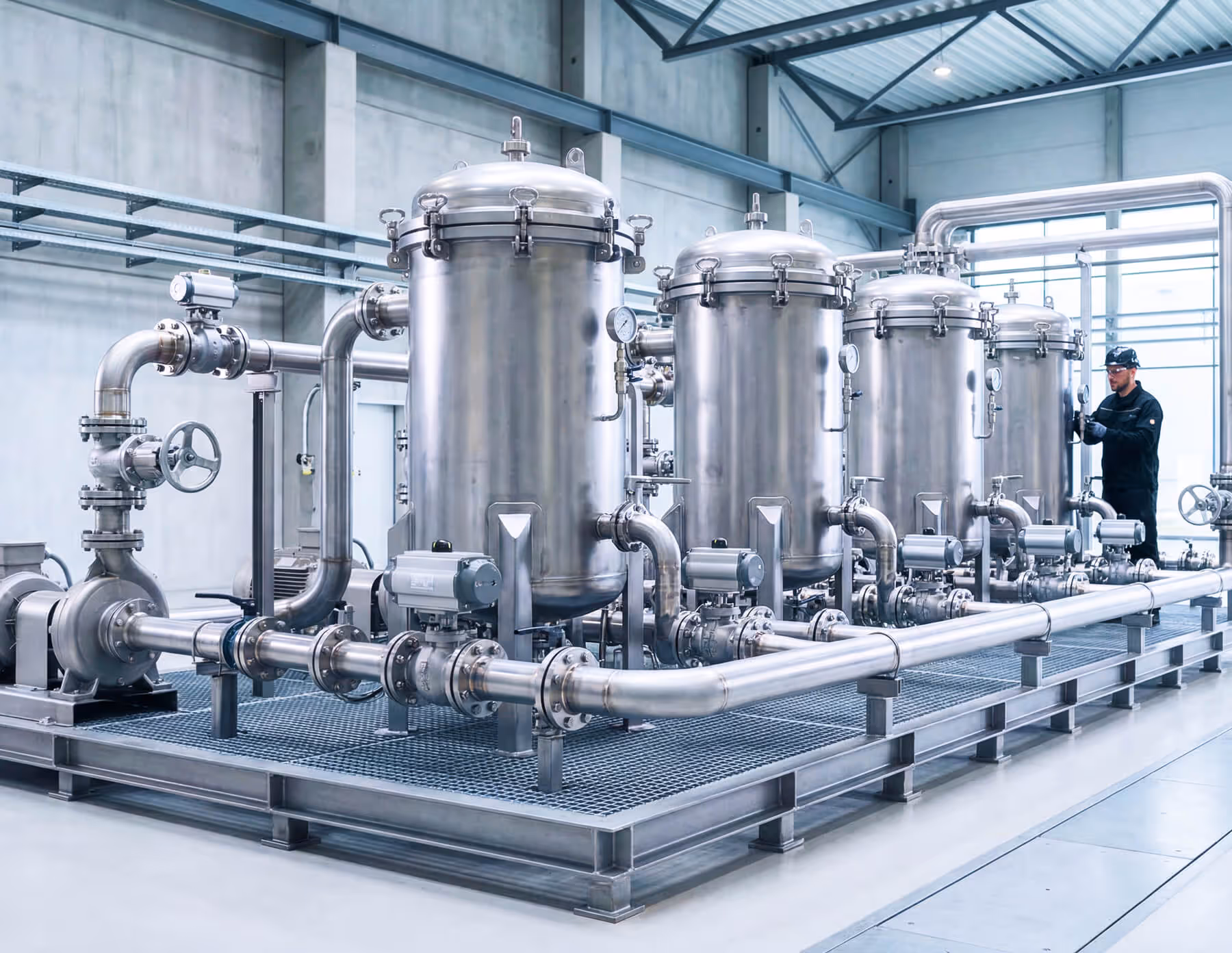 Stainless steel industrial filtration system with four pressure vessels and skid-mounted piping.