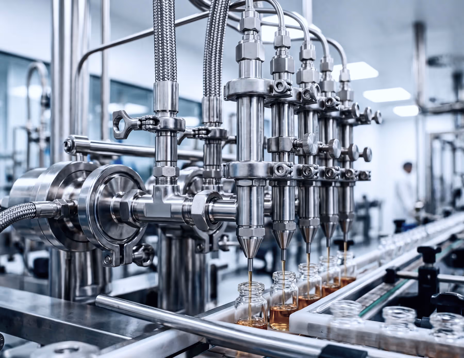 Stainless steel multi-nozzle filling machine dispensing liquid into glass vials.