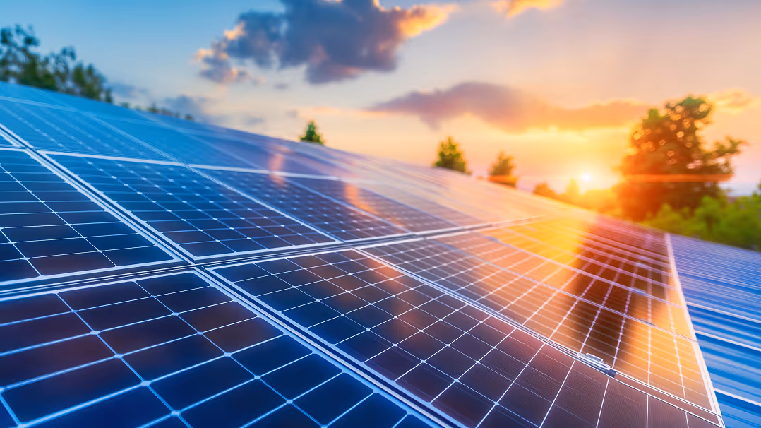 Solar panel array angled towards a vibrant sunset sky with trees on the horizon.