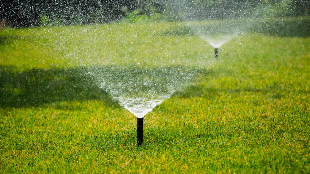 Two lawn sprinklers watering green grass in a garden.